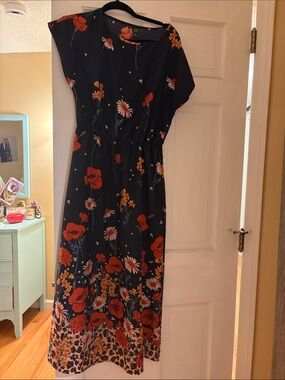 Floral Navy Maxi Dress with Red & Yellow Blooms